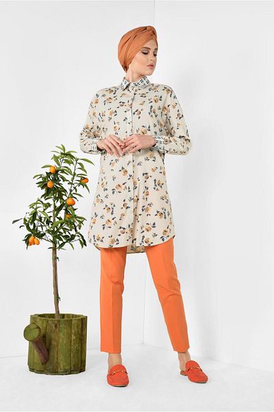 TRENDTESETTÜR Women's Beige Collar and Cuffs Plaid Tunic 4909