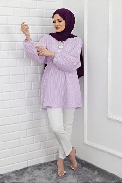 TRENDTESETTÜR Women's Purple (LILA) Striped Lace-up Tunic 1218