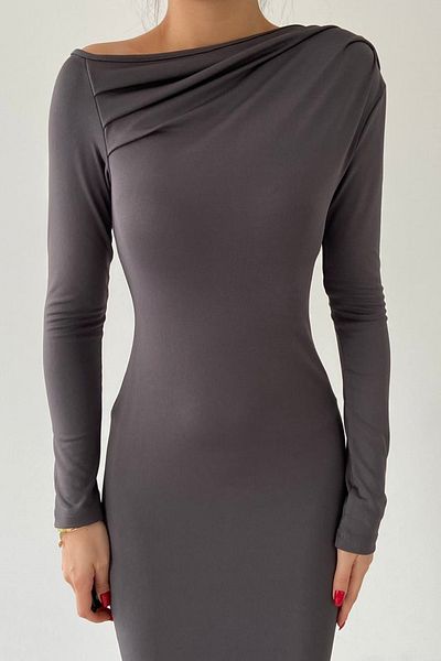 WOMAN VISION Rochie midi cu mâneci lungi, cu umăr dezactivat, cu microțesătură elastică afumată 199