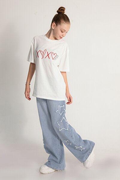 DMB BOYS & GIRLS Star Detailed Wide Leg Girl's Denim Trousers