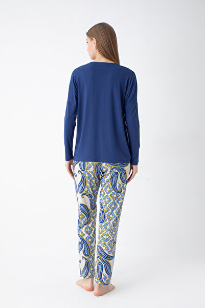 ALIN Homewear V yaka danteli mavi pijama takımı