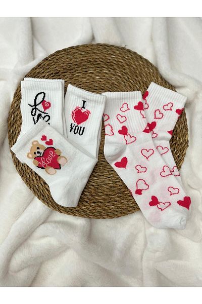 FUBA Aksesuar 4 Pairs of Heart Bear Patterned Women's Socks