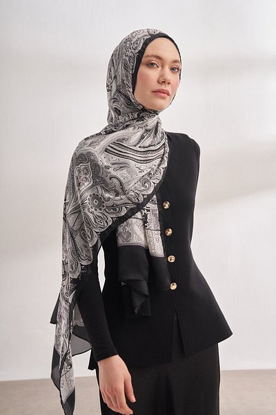 ARMANDA Mystic Pattern Imported Voile Shawl - Black-Grey