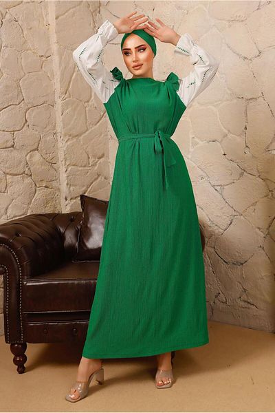 TRENDTESETTÜR Γυναικείο φόρεμα Green Benetton με βολάν μανίκια και ζώνη T 6592