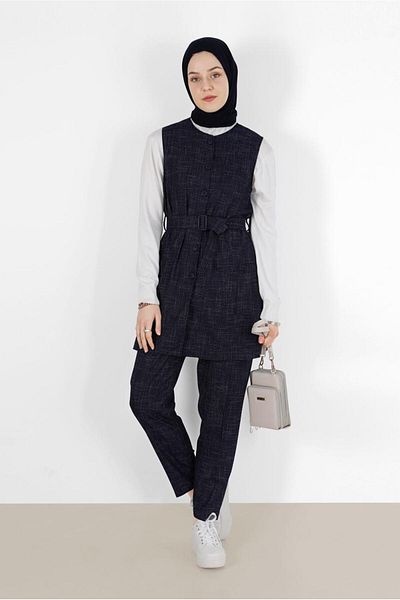 TRENDTESETTÜR Γυναικείο μπλέ Navy με κουμπιά και ζώνη διπλό παντελόνι. Σετ 41147