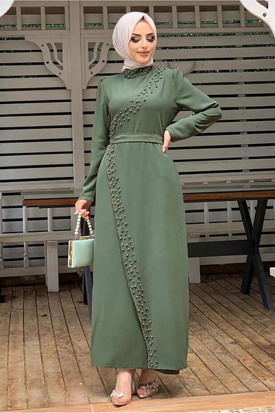 TRENDTESETTÜR Women's Green (MINT) Pearl Detailed Stand Collar Evening Dress T 8073