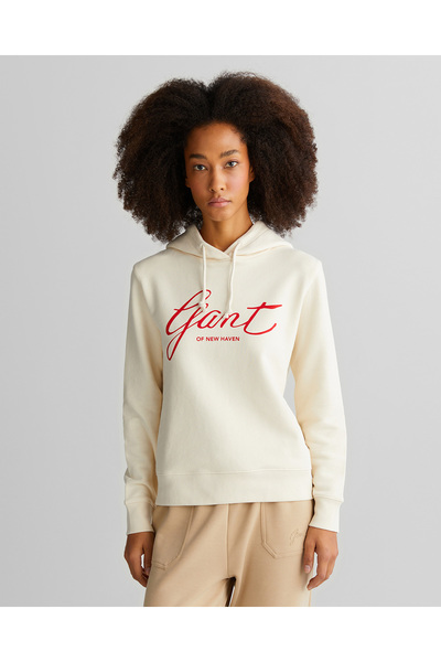 Gant Kadın Krem Relaxed Fit Kapüşonlu Logolu Sweatshirt