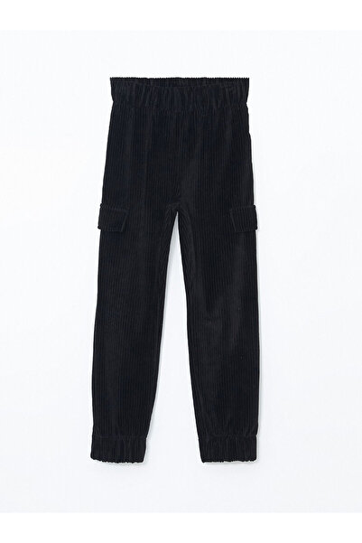 LC Waikiki Black Velvet Girls Cargo Sweatpants with Elastic Waist