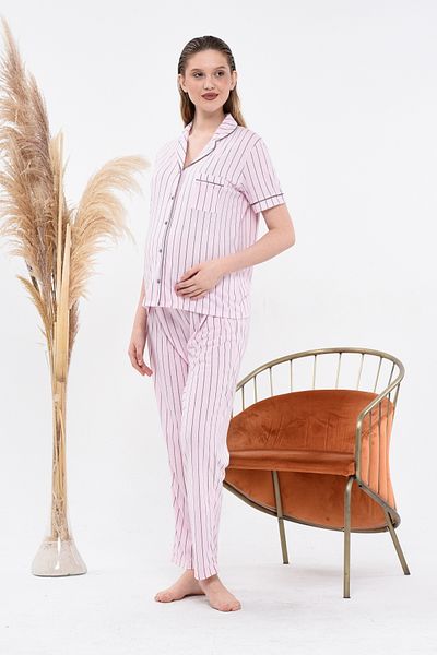 LadyMina Pijama Set pijamale dublă cu mânecă scurtă în dungi roz pentru gravidă și maternitate