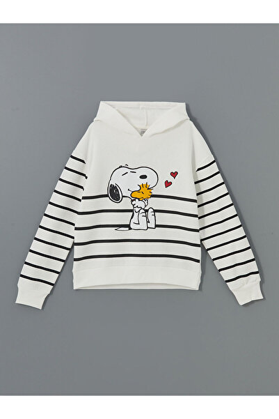 LC Waikiki LCW Kids Ecru Hooded Snoopy Printed Χοντρό φούτερ για κορίτσια
