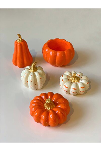 Bautinq Store El Yapımı 5 Li Balkabağı Dekoratif Dekorasyon Obje Biblo Süs Eşyası Hediyelik Beton Kabak