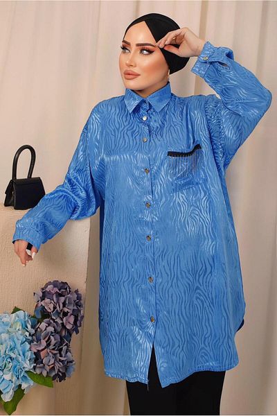 TRENDTESETTÜR Γυναικείο πουκάμισο με μοτίβο ζέβρας Navy Blue (INDIGO) με λεπτομέρεια τσέπης Tunic T 8503