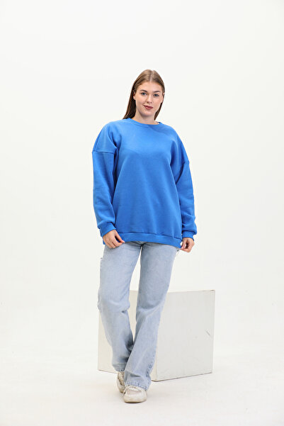 GUARAZ Μπλε γυναικείο φούτερ με λαιμόκοψη Oversize με φλις εσωτερικά, χοντρή και μαλακή υφή Basic