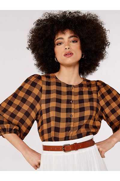 Apricot Bluse mit Ballonärmeln im Gingham-Karo