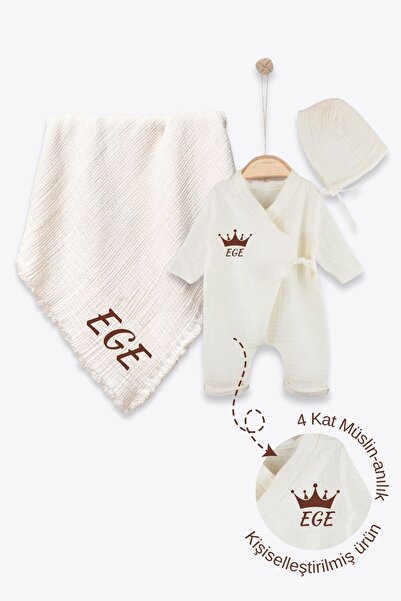 Minytrendy Erkek Bebek İsim Nakışlı 4 Kat Müslin Yenidoğan Tulum Battaniye Ya...