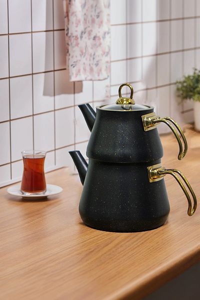 YUNUSOĞLU HOME Black Granite Plated Glass Lid Teapot with Gold Handle