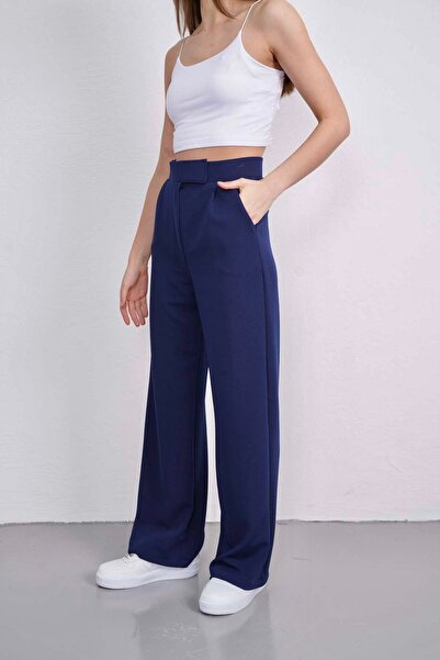 Ravza giyim Kadın Full Esnek Rahat Kumaş Cırt Kapama Palazzo Pantolon - Lacivert