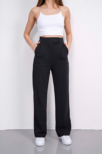 Ravza giyim بنطال بالازو نسائي من القماش المريح والمرن بالكامل - أسود