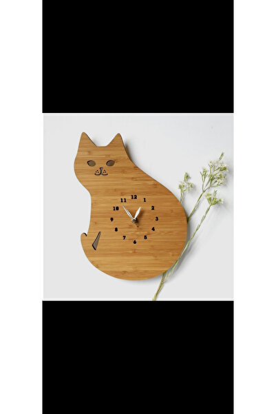 Yalıgraf Reklam Tabela Kedi Figürlü Sessiz Duvar Saati 35x22