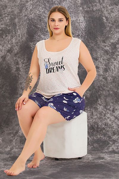 quilling Navy Blue Color and Patterned Oversize Large Size 10423 Women's Mother Pajama Set with Shorts