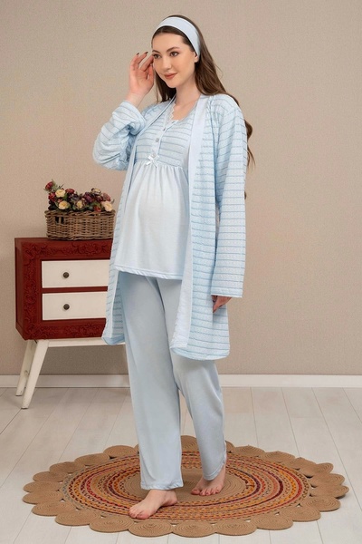 Generic Brand Ba-Ha Blue Women's Jacquard Maternity Pajama Set with Lace Detail