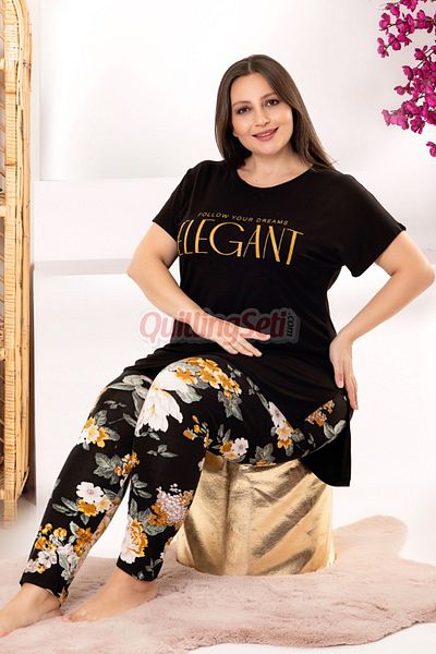 quilling Black Color Floral Patterned 10948 Women's Short Sleeve Plus Size Mother Pajama Set