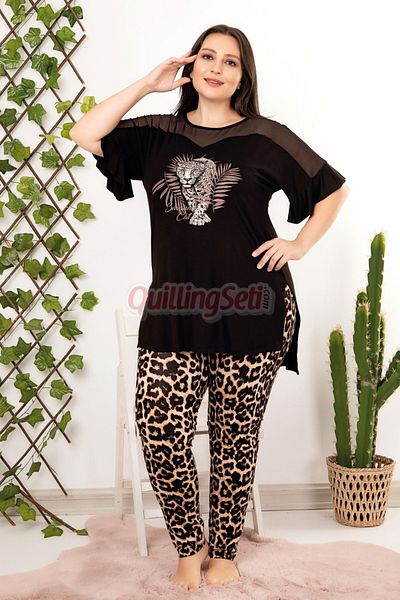 quilling Black Color Leopard Patterned 10952 Women's Short Sleeve Plus Size Mother Pajama Set