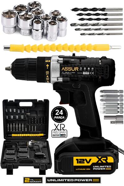 ASSUR 12v 1.5ah Çelik Şanzıman Bakır Sargılı Çift Akülü Şarjlı Matkap Vidalam...