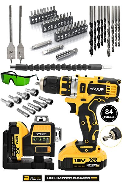ASSUR Profesyonel 12v Çift Akülü 12 Köşe 360° Lazer Hizalama & Akülü Vidalama...