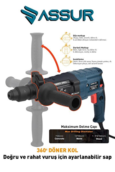 ASSUR 850w Metal Şanzıman Darbeli Matkap Kırıcı Delici Hilti 2-28 mm