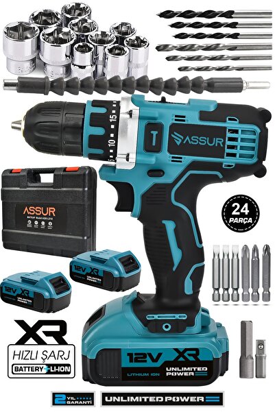 ASSUR 12v Çift Akülü Vidalama Metal Şanzıman Şarjlı Matkap