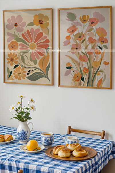 Tontilika Pastel Çiçek Desenli Ahşap Çerçeveli 2'li Tablo Seti-2
