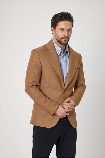 Frappoli Ανδρικό παλτό Classo Camel Slim Fit με μυτερό γιακά με αυτοσχεδιασμό