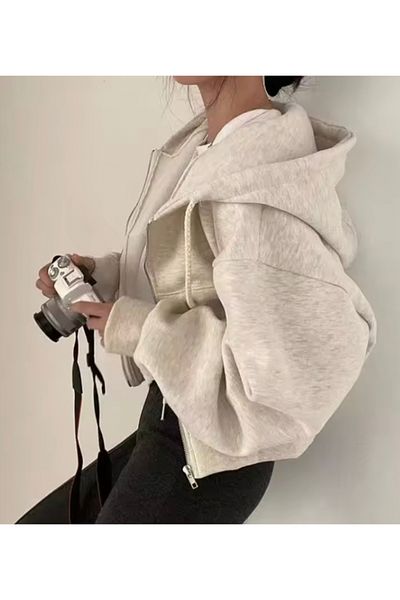 köstebek kadıköy Crop Top Thick Fabric Zippered Hooded Sweatshirt