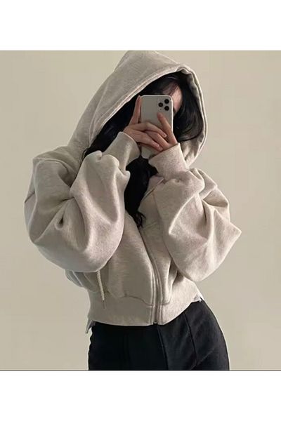 köstebek kadıköy Crop Top Thick Fabric Zippered Hooded Sweatshirt