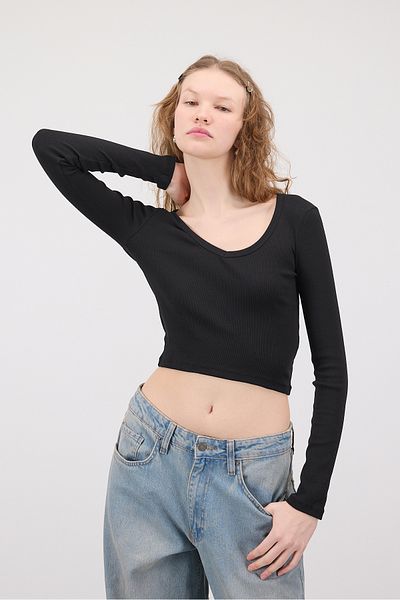 Addax V-Neck Long Sleeve Crop Blouse B1621-S12