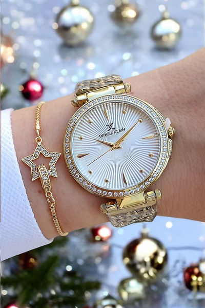 Daniel Klein Altın Sarısı Çelik Bilezik Taşlı Zarif Kadın Kol Saati, Taşlı Bi...