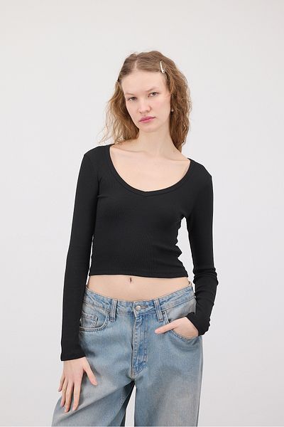 Addax V-Neck Long Sleeve Crop Blouse B1621-S12