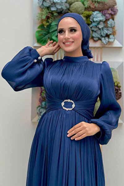 Bym Fashion Balloon Sleeve Pleated Evening Dress Navy Blue