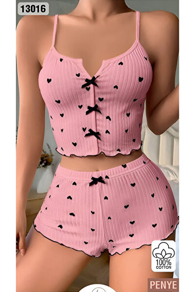 Penye Kumaş Kalp Baskılı İkili Şort Pijama Takımı