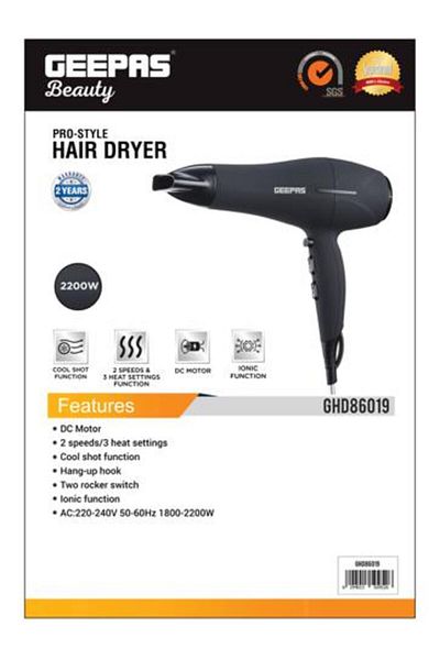 Geepas 2200W Powerful Portable Hair Dryer, 2Speed & 3 Temperature Settings, Cool Shot Function-GHD86019
