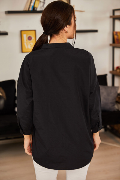 armonika Kadın Siyah Önü Fermuarlı Salaş Gömlek ARM-21K024090