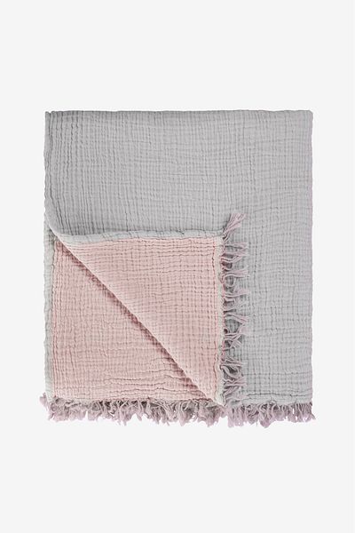 Barine Cocoon Cotton 4 Layer Muslin Bedspread Grey / Pink 200X220