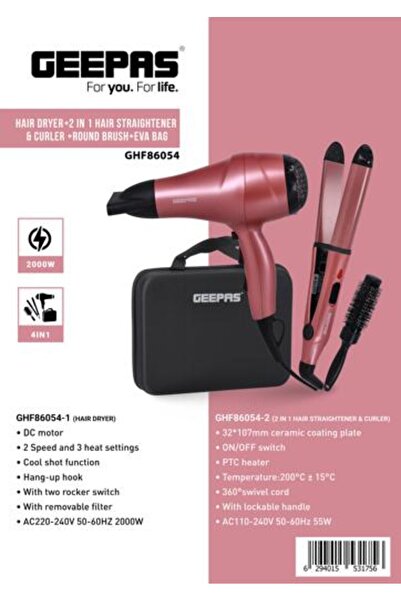 Geepas 4 In 1 Hair Dressing Set | 2000W |Portable Hair Dryer, Straightener, C...