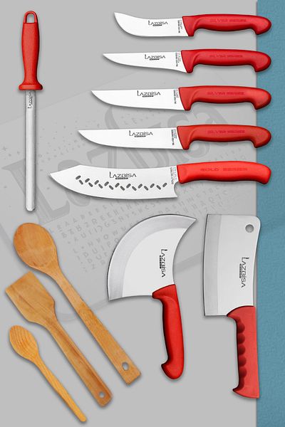 LAZBİSA Silver Series Kitchen Knife Set Row Crescent Pastry Knife and Montessev Wooden Spoon Set (11 Pieces)