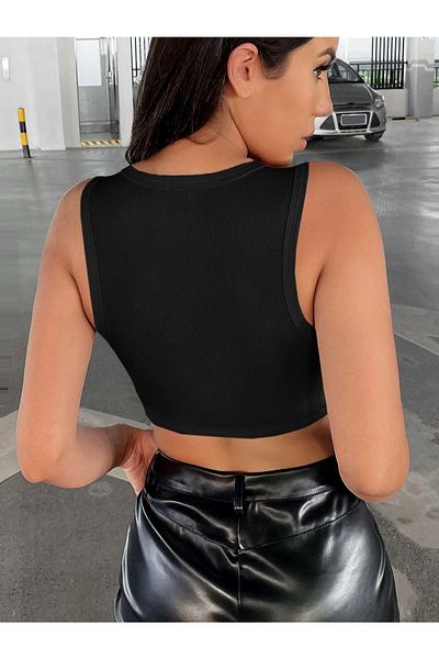 Liona Women's Black Crew Neck Asymmetrical Crop Top Bustier