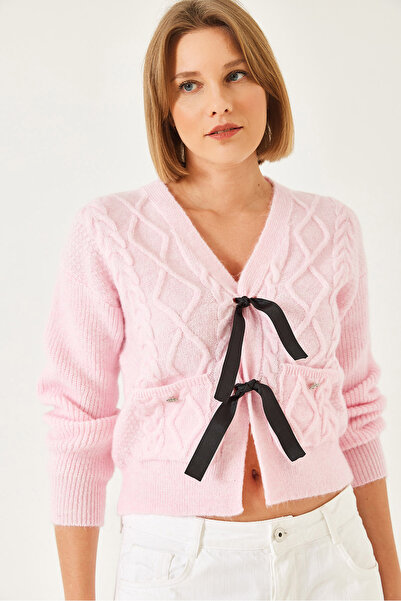 Bianco Lucci Women's Knitted Cardigan with Bow Front Pocket 20247544