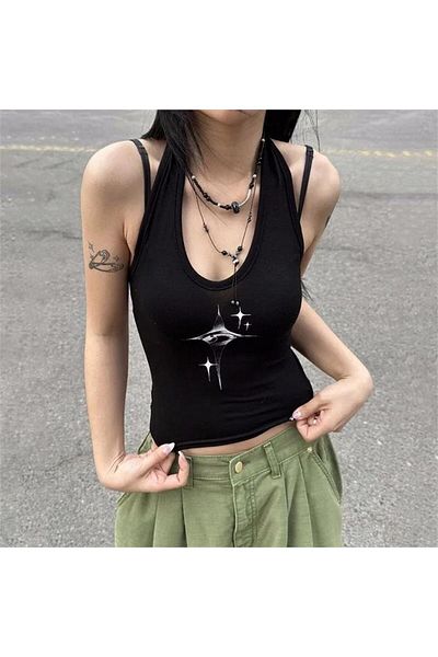 Köstebek Crystal Eye Black Strappy Crop Top