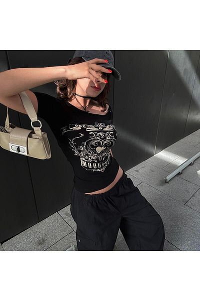 Köstebek Black Vintage MoodyGirl Off-the-Shoulder Short Sleeve Crop