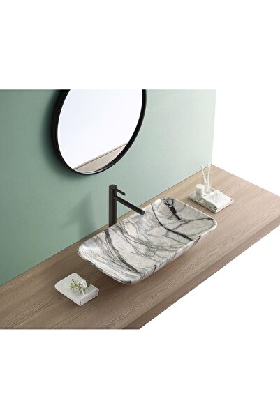 PUROSER Marbel Black White Tezgah Üstü Çanak Lavabo